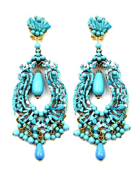 PENDIENTES DE TURQUESA LARGOS DE ALTA BISIUTERIA ESPECTACULAR DISEÑO FLAMENCO