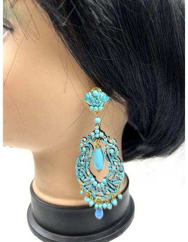 PENDIENTES DE TURQUESA LARGOS DE ALTA BISIUTERIA ESPECTACULAR DISEÑO FLAMENCO