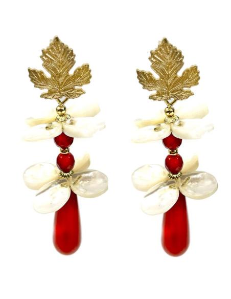 PENDIENTES ROJOS Y BLANCOS CON NACAR DISEÑO FLORAL PARA BODAS
