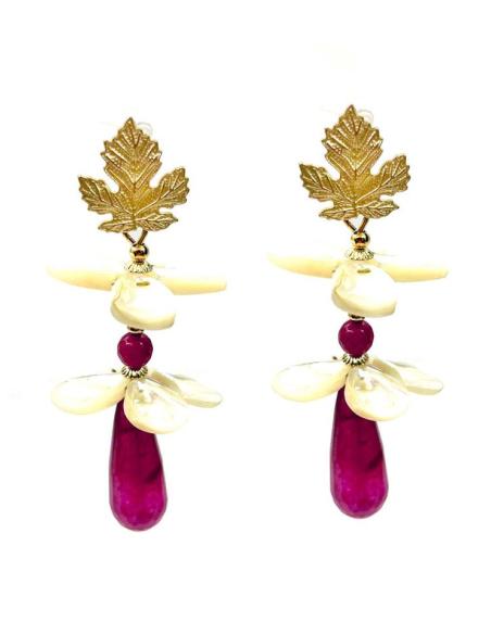 PENDIENTES GRANATES Y BLANCOS CON NACAR DISEÑO FLORAL BODAS