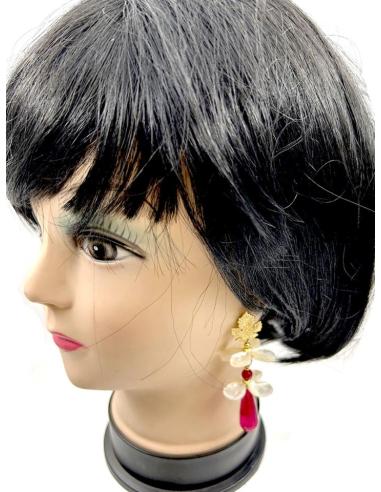 PENDIENTES GRANATES Y BLANCOS CON NACAR DISEÑO FLORAL BODAS