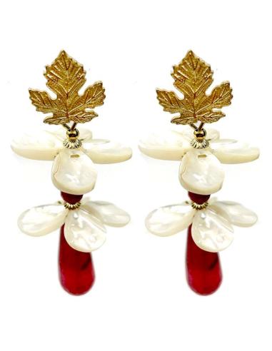 PENDIENTES GRANATES Y BLANCOS CON NACAR DISEÑO FLORAL BODAS