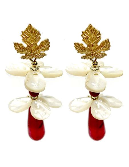 PENDIENTES GRANATES Y BLANCOS CON NACAR DISEÑO FLORAL BODAS