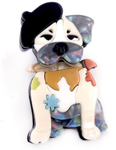 BROCHES DE PERRITO BULLDOG CON POSE Y BOINA DE AIRE FRANCES
