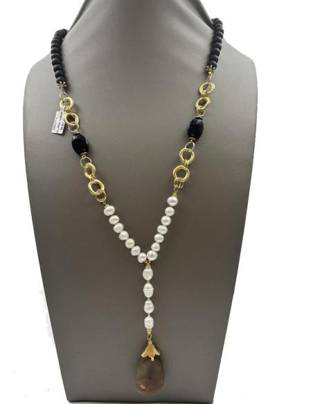 COLLARES NEGROS LARGOS CON PERLAS BARROCAS Y PIEDRA