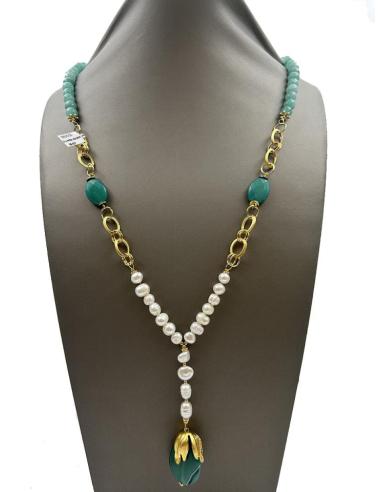 COLLARES VERDES LARGOS CON PERLAS BARROCAS Y PIEDRA