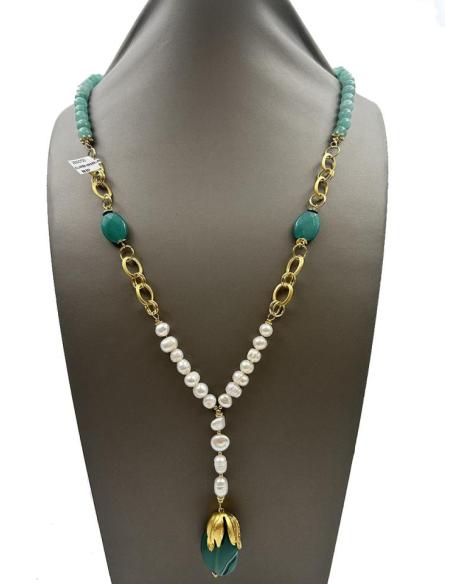 COLLARES VERDES LARGOS CON PERLAS BARROCAS Y PIEDRA