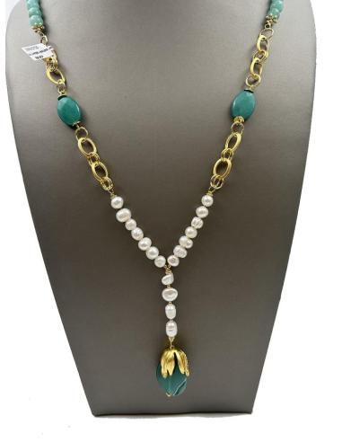 COLLARES VERDES LARGOS CON PERLAS BARROCAS Y PIEDRA