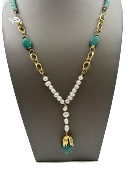 COLLARES VERDES LARGOS CON PERLAS BARROCAS Y PIEDRA