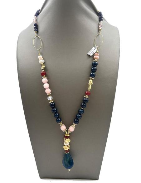 COLLARES AZULES DE PIEDRAS CON BONITO COLGANTE DE AGATA Y PERLAS