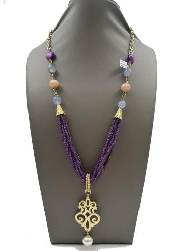 COLLARES MORADOS LARGOS Y COLGANTE DORADO REPLICA JOYA ANTIGUA