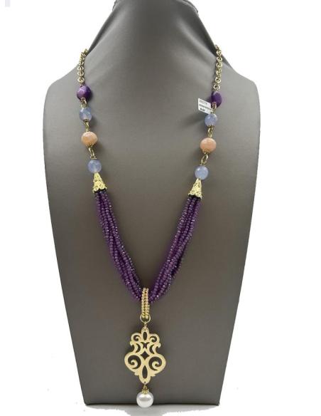 COLLARES MORADOS LARGOS Y COLGANTE DORADO REPLICA JOYA ANTIGUA