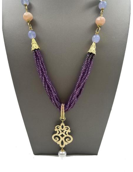 COLLARES MORADOS LARGOS Y COLGANTE DORADO REPLICA JOYA ANTIGUA