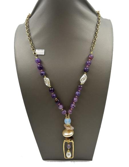 ORIGINALES COLLARES DORADOS CON PIEDRAS MORADAS Y PERLITAS