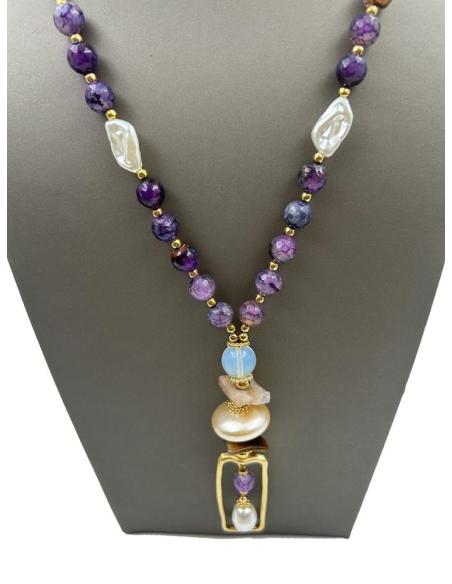 ORIGINALES COLLARES DORADOS CON PIEDRAS MORADAS Y PERLITAS