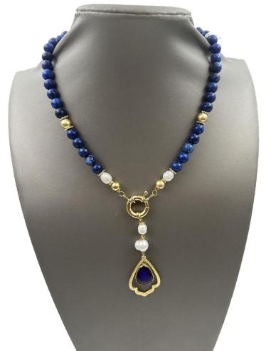 COLLARES AZULONES DE PIEDRA Y PERLA CON ORIGINAL COLGANTE