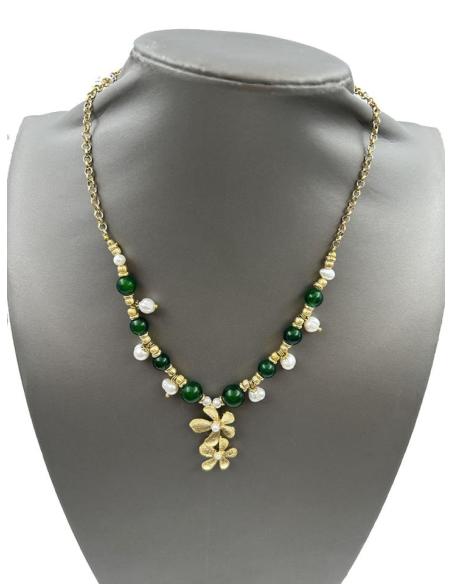 COLLARES DE PIEDRA JADE VERDE Y PERLA BARROCA CON FLORECITAS
