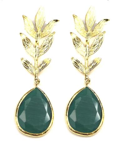PENDIENTES LARGOS DORADOS CON ELEGANTE HOJA Y LAGRIMA VERDE BOTELLA