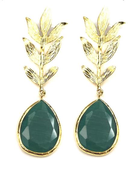 PENDIENTES LARGOS DORADOS CON ELEGANTE HOJA Y LAGRIMA VERDE BOTELLA