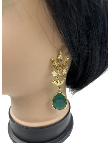 PENDIENTES LARGOS DORADOS CON ELEGANTE HOJA Y LAGRIMA VERDE BOTELLA