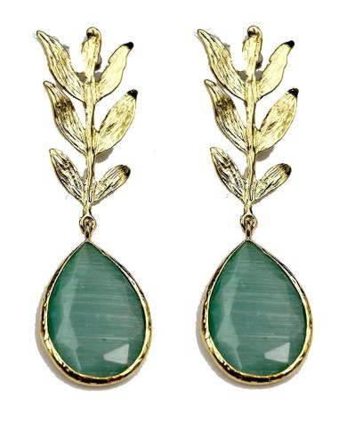 PENDIENTES LARGOS DORADOS CON ELEGANTE HOJA Y LAGRIMA VERDE AGUA
