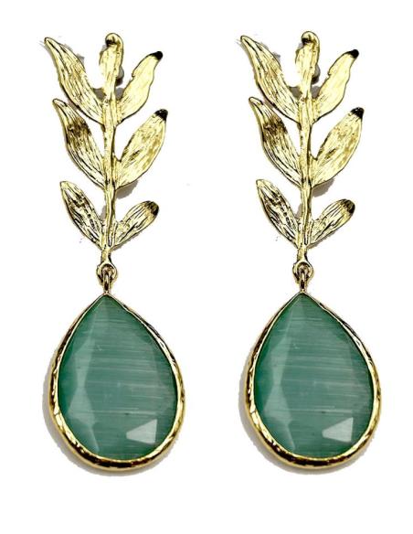 PENDIENTES LARGOS DORADOS CON ELEGANTE HOJA Y LAGRIMA VERDE AGUA