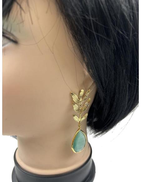 PENDIENTES LARGOS DORADOS CON ELEGANTE HOJA Y LAGRIMA VERDE AGUA