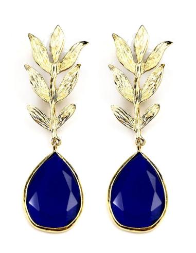 PENDIENTES LARGOS DORADOS CON ELEGANTE HOJA Y LAGRIMA AZULONA