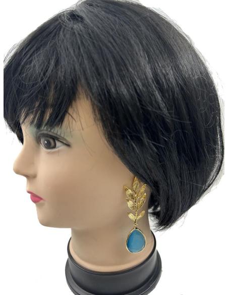 PENDIENTES LARGOS DORADOS CON ELEGANTE HOJA Y LAGRIMA TURQUESA