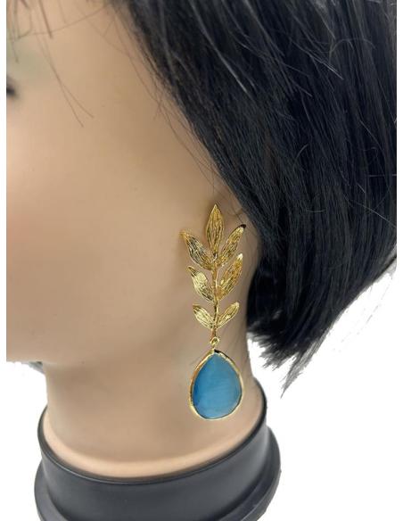 PENDIENTES LARGOS DORADOS CON ELEGANTE HOJA Y LAGRIMA TURQUESA