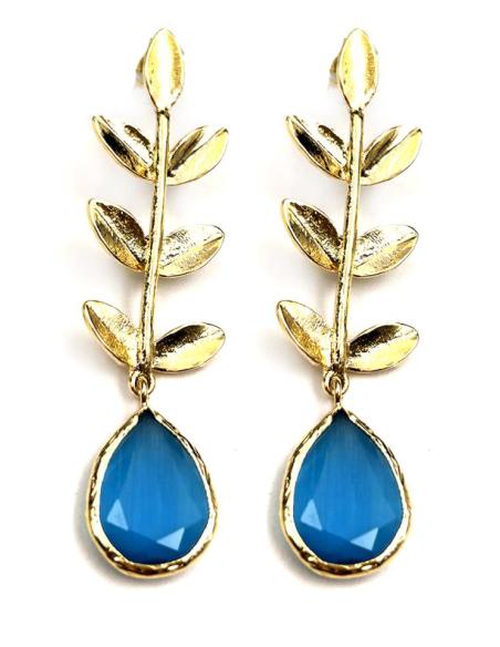 PENDIENTES MUJER AZULES TURQUESAS CON DELICADA HOJA DORADA