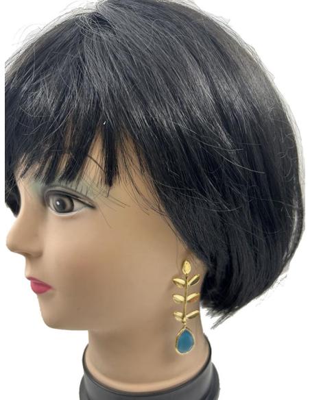 PENDIENTES MUJER AZULES TURQUESAS CON DELICADA HOJA DORADA