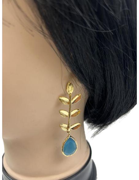 PENDIENTES MUJER AZULES TURQUESAS CON DELICADA HOJA DORADA