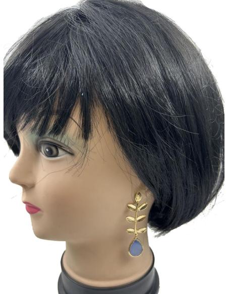 PENDIENTES MUJER AZULES CON DELICADA HOJA DORADA