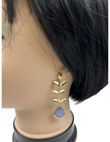 PENDIENTES MUJER AZULES CON DELICADA HOJA DORADA