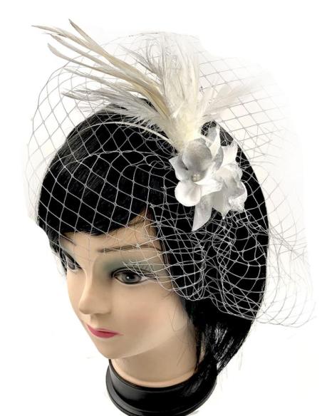 DIADEMAS GRISES BODA CON PLUMAS Y LAZO REDECILLA ESTILO AÑOS 20