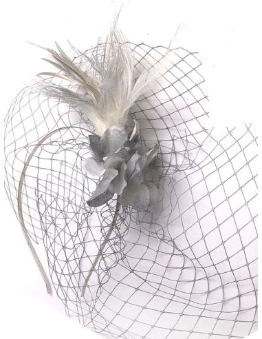 DIADEMAS GRISES BODA CON PLUMAS Y LAZO REDECILLA ESTILO AÑOS 20