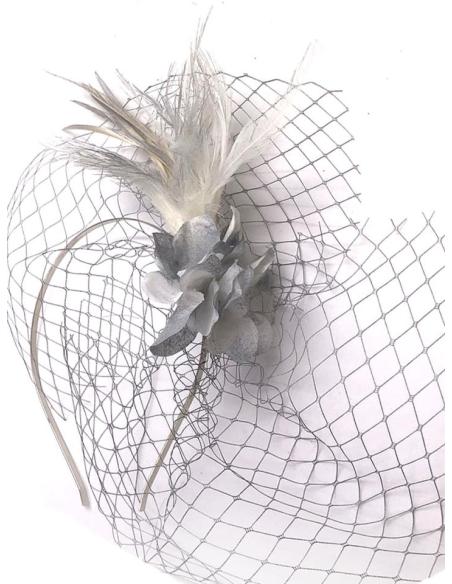 DIADEMAS GRISES BODA CON PLUMAS Y LAZO REDECILLA ESTILO AÑOS 20