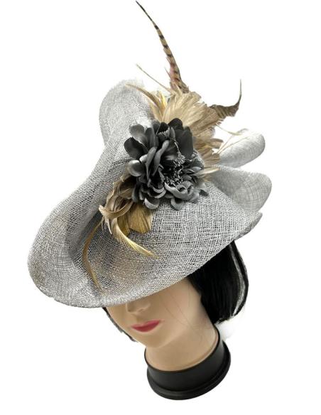 TOCADOS BODA GRISES CON EXQUISITO DISEÑO CON PLUMAS FAISAN