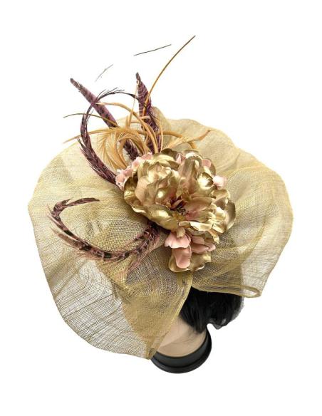 TOCADOS DORADO ENVEJECIDO PARA BODAS CON ESTILOSAS PLUMAS FAISAN