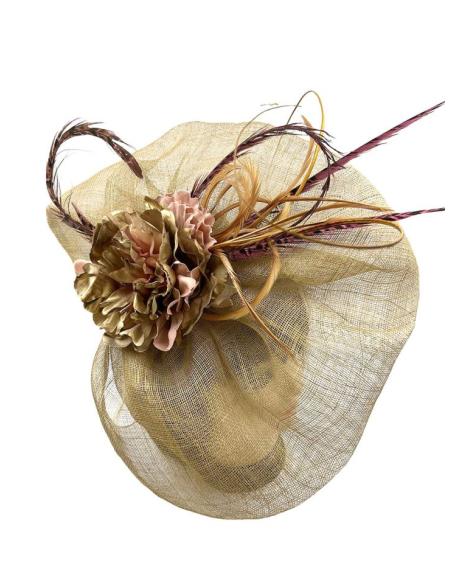 TOCADOS DORADO ENVEJECIDO PARA BODAS CON ESTILOSAS PLUMAS FAISAN