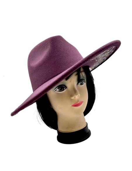 SOMBREROS MUJER MORADOS TONO BERENJENA CON ALA DECORADA