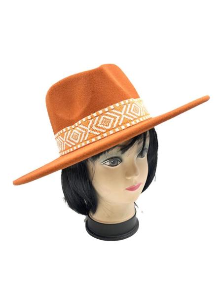 SOMBREROS MUJER NARANJAS CON BONITA CENEFA AZTECA BICOLOR