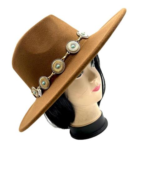 SOMBREROS MARRONES BOHO CADENA DORADA DETALLES TURQUESA