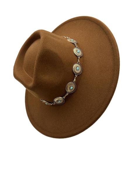 SOMBREROS MARRONES BOHO CADENA DORADA DETALLES TURQUESA