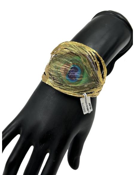 PULSERAS DORADAS UNICAS BRAZALETE PLUMA PAVO REAL PRESERVADA