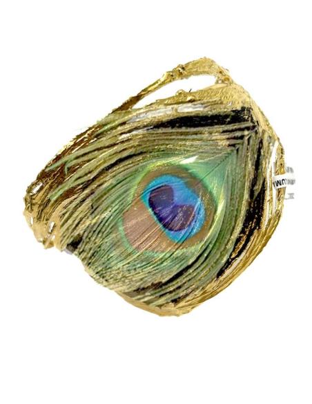 PULSERAS DORADAS UNICAS BRAZALETE PLUMA PAVO REAL PRESERVADA