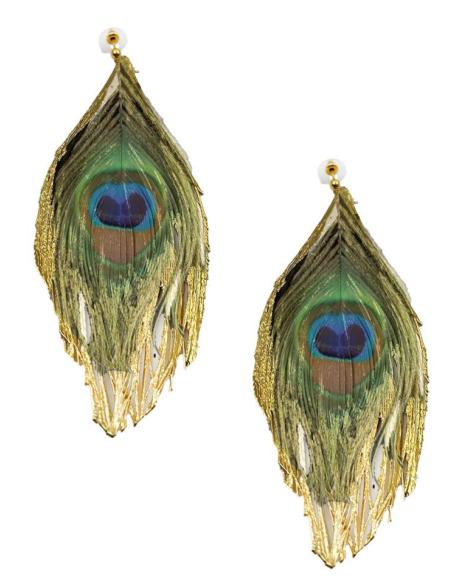 PENDIENTES LARGOS DE PLUMA AUTENTICA PAVO REAL PRESERVADA
