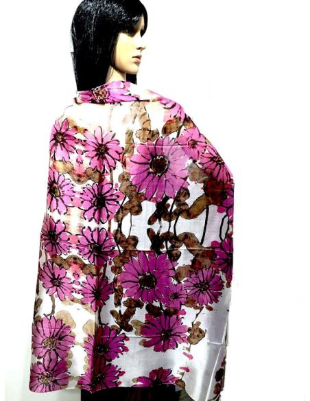 PAÑUELOS SEDA FUCSIAS Y BLANCOS CON FLORES VISTOSAS