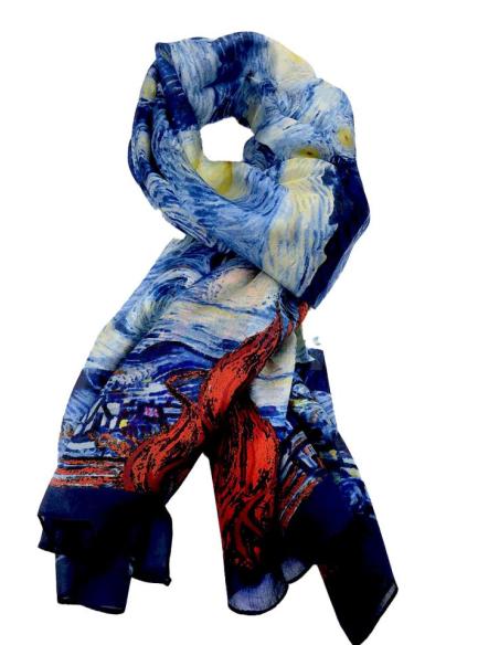 PAÑUELOS SEDA AZULES ELEGANTES Y BONITOS INSPIRACION ARTE, NOCHE ESTRALLADA VAN GOGH